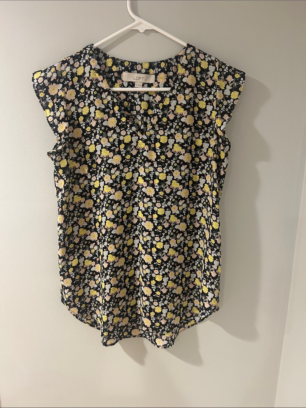 LOFT Black Floral Cap-Sleeve Top with Yellow & Cream Blooms